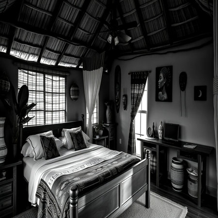 Luxury bedroom in classic style. Black and white photo.の写真素材