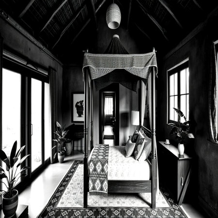 Interior of a luxury hotel bedroom. Black and white image.
