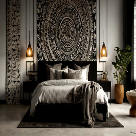 Luxury bedroom interior with black and white walls, concrete floor, black king size bed with pillows...