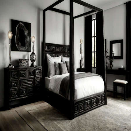 Interior of a bedroom with double bed in black and white tonesの写真素材