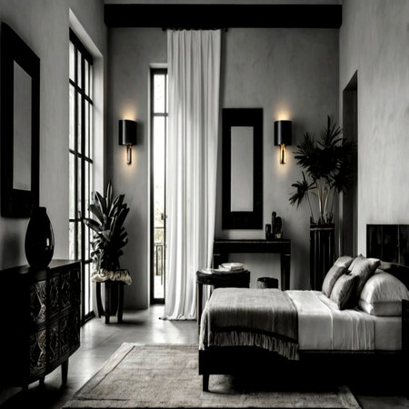 interior of a classic bedroom with black and white walls and wooden floorの写真素材