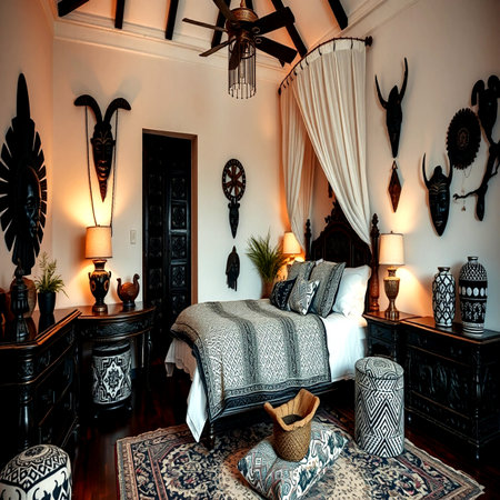 Luxury bedroom interior with wooden bed and antique commode.