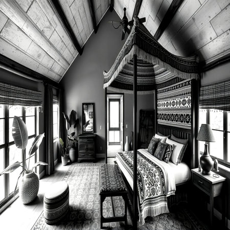Interior of a classic bedroom with black and white tones. 3d renderingの写真素材