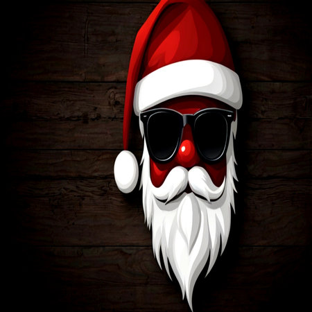 Santa Claus head with sunglasses on wooden background. Christmas vector illustration.の写真素材