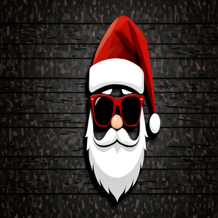 vector funky cartoon santa claus with sunglasses and beard on wooden background. Christmas hipster christmas background.の写真素材