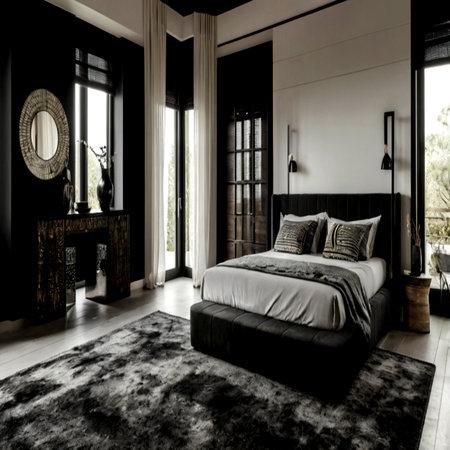 interior of luxury bedroom with black and white walls, carpet on the floor and big bedの写真素材