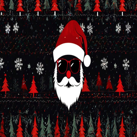 Santa claus in sunglasses with a beard and Christmas trees on a black backgroundの写真素材