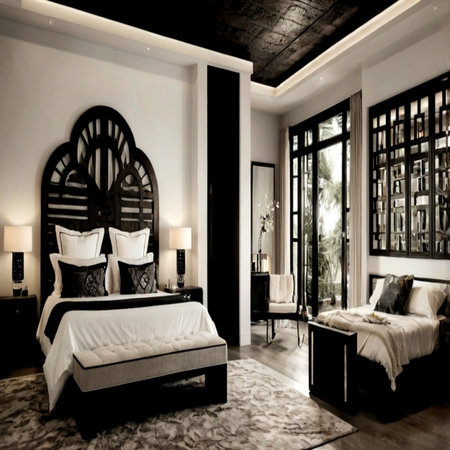 Luxury hotel bedroom interior in black and white tones. Nobody insideの写真素材