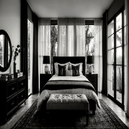Black and white image of a bedroom in a classic style with large windowsの写真素材