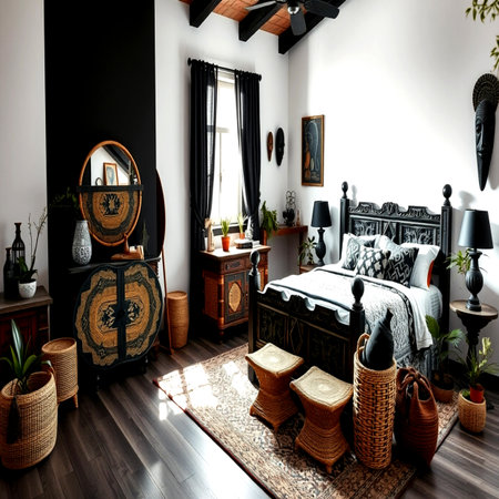 Luxury bedroom interior with black walls and wooden floor. Northwest, USAの写真素材