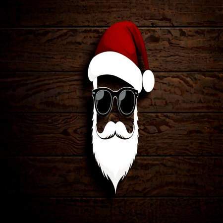 Santa claus face with sunglasses and beard on wooden background. Merry Christmas and Happy New Year.の写真素材