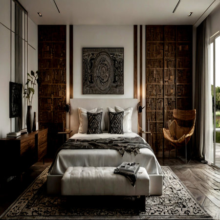 Interior of a bedroom with a large bed in a modern apartmentの写真素材