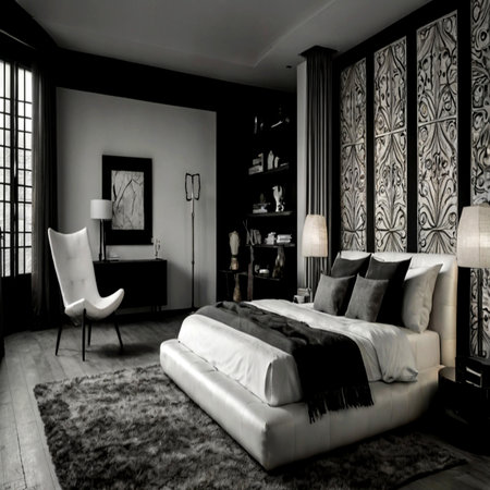 Luxury bedroom interior in black and white tone. 3d renderの写真素材