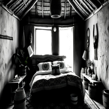 Interior of a rustic hotel bedroom. Black and white.の写真素材