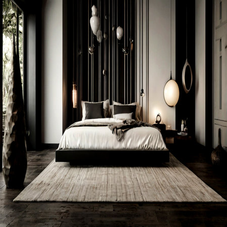 Interior of luxury bedroom with black and white furniture in classic styleの写真素材