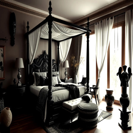 3d render of a classic bedroom with a large bed and curtainsの写真素材