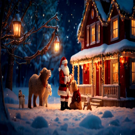 Santa Claus with dogs on the background of the house in the forest at night.の写真素材