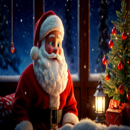 Santa Claus with Christmas tree on the window sill. Christmas background.の写真素材