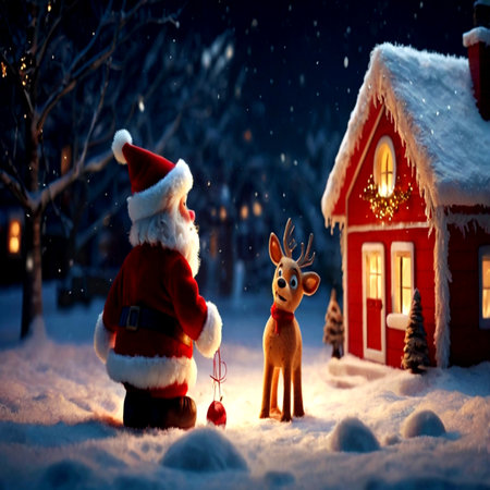 Santa Claus and reindeer in front of red wooden house at night.の写真素材