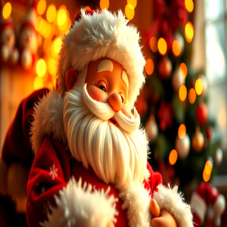 Santa Claus doll in room with Christmas tree and lights, closeupの写真素材