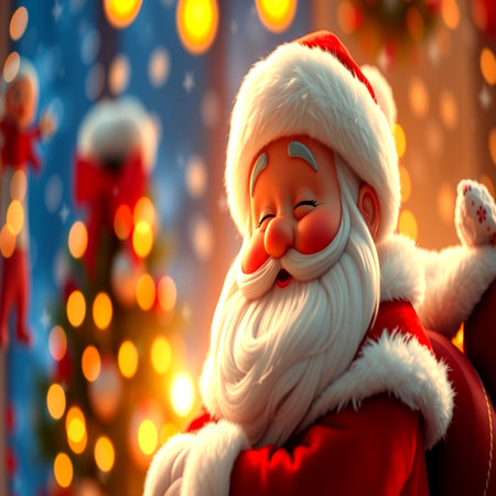 Santa Claus doll with Christmas tree and lights on background, closeupの写真素材