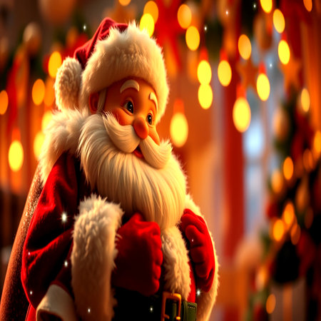 Santa Claus doll on a background of Christmas lights. New Year.の写真素材