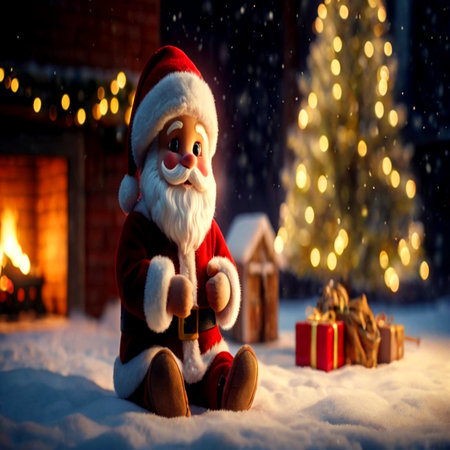 Santa Claus sitting on the snow in front of the fireplace. Christmas background.の写真素材