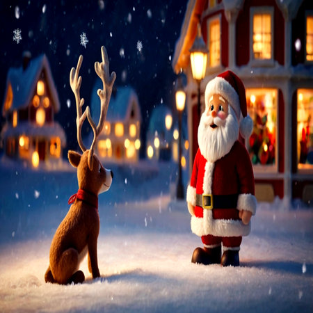 Santa Claus and reindeer in the snow. Christmas background.の写真素材