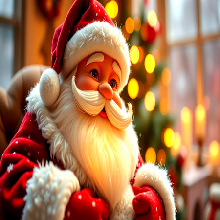 Santa Claus doll on the background of the Christmas tree. New Year.の写真素材