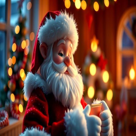 Santa Claus with a cup of hot drink in the Christmas interior.の写真素材