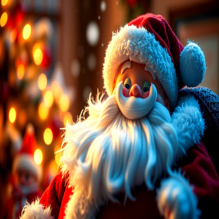 santa claus doll in front of christmas tree on backgroundの写真素材