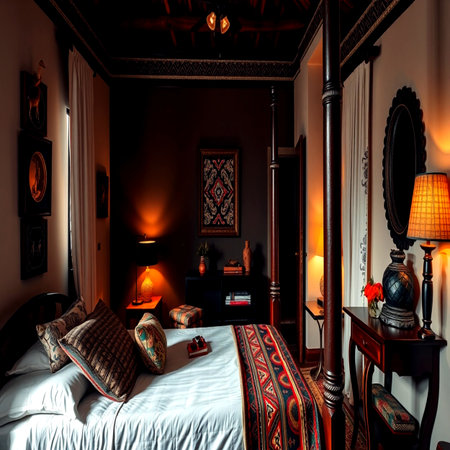 Interior of a hotel bedroom with a double bed. Nobody insideの写真素材