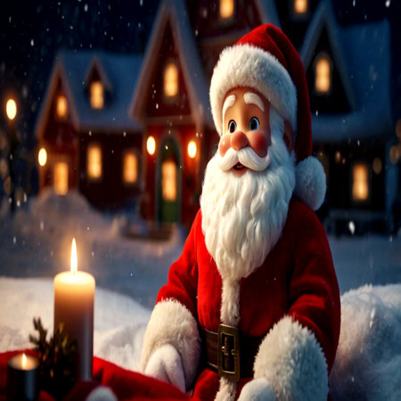 Santa Claus sitting on the snow in front of a house. Christmas background.の写真素材