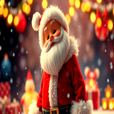 Santa Claus doll with christmas gifts on bokeh background.の写真素材
