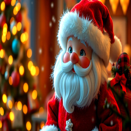 Santa Claus doll in front of the Christmas tree with lights on background.の写真素材