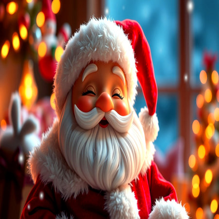 santa claus at home with christmas tree and lights on backgroundの写真素材