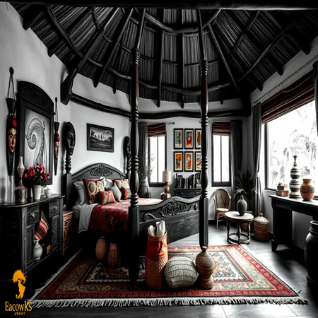 Interior of a classic bedroom with a wooden bed and a wooden canopyの写真素材