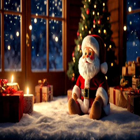Santa Claus sitting on the snow near the window. Christmas and New Year concept.の写真素材