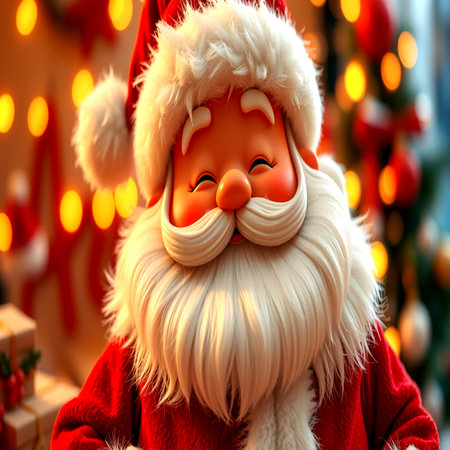 santa claus on the background of a Christmas tree with giftsの写真素材