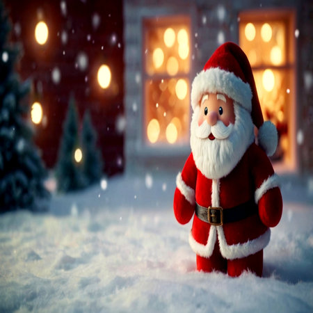 Santa Claus toy in front of christmas house with lights on background.の写真素材