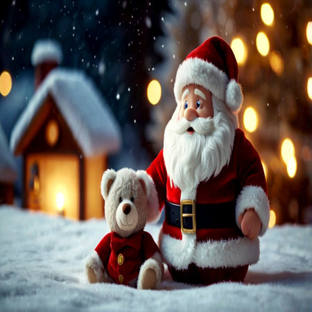 Santa Claus with teddy bear on the background of Christmas decorations.の写真素材