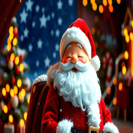 Santa Claus sitting in armchair in front of Christmas tree and lightsの写真素材