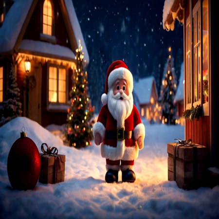 Santa Claus stands in front of a house with a Christmas tree and gifts.の写真素材