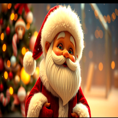 Santa Claus in a red coat and a white beard on the background of a Christmas treeの写真素材