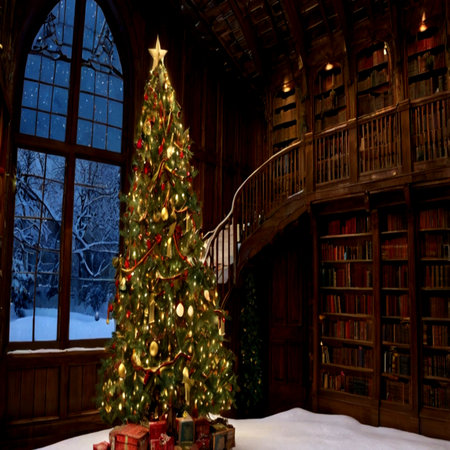 Christmas tree in the interior of an old wooden house with a staircaseの写真素材