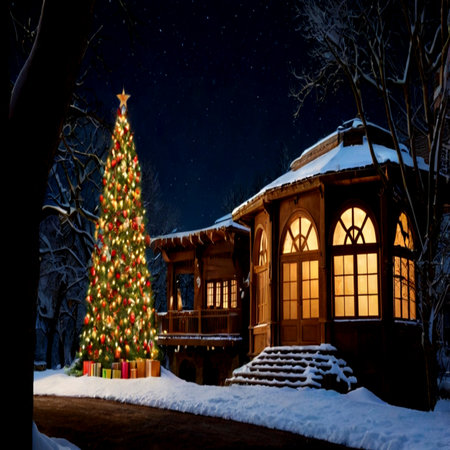 Beautiful Christmas tree on the background of a wooden house in the forest.の写真素材