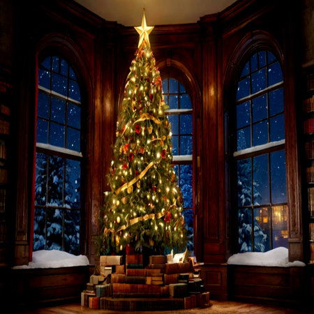 Beautiful Christmas tree in a room with large windows and a large windowの写真素材