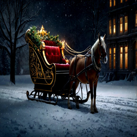 Horse-drawn sleigh with a Christmas tree in the cityの写真素材