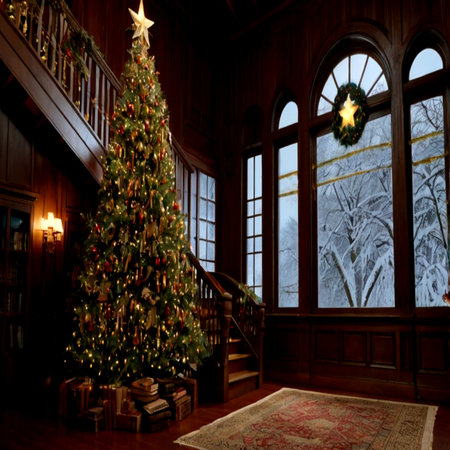 Christmas tree in the interior of a house with a fireplace and a staircaseの写真素材