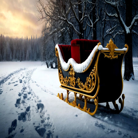 Santa Claus sleigh with gifts in the winter forest. Christmas background.の写真素材